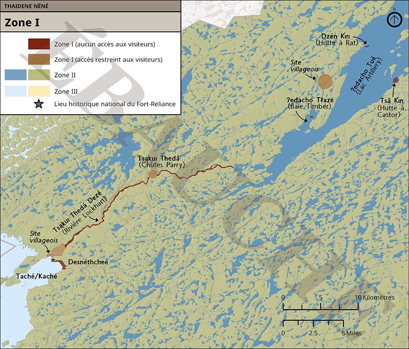 Carte 2 : Zone I – Desnéthcheé, Dzén Kı́n, Tsá Kı́n, île de Ɂedacho Tł’ázı̨, village de Taché/Kaché, village de Ɂedacho Tł’ázı̨ et Tsąkuı Thedá Dezé , version textuelle suit