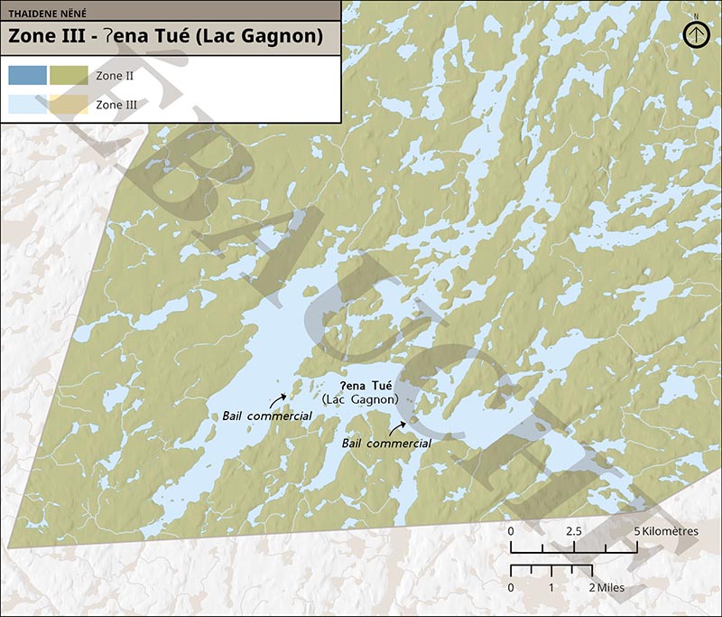 Carte 5 : Zone III – Baux commerciaux de Ɂena Tué (lac Gagnon), version textuelle suit