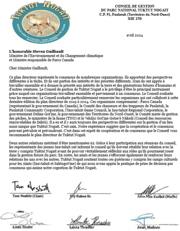 Lettre de recommandation du Conseil de gestion du parc national Tuktut Nogait