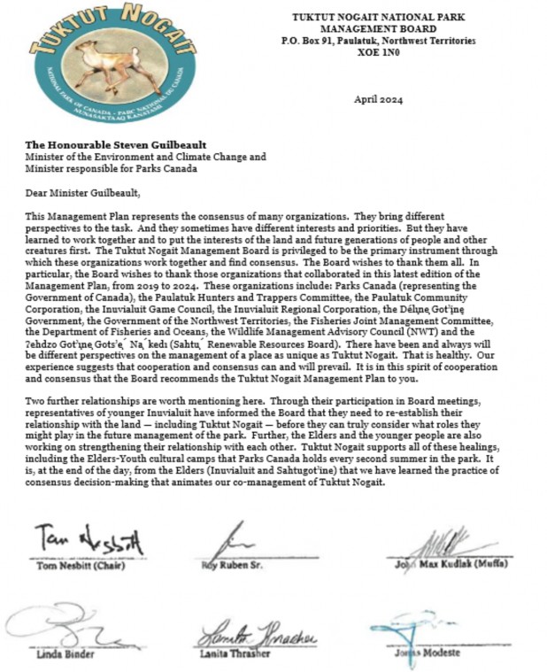 Letter of recommendation from the Tuktut Nogait National Park Management Board