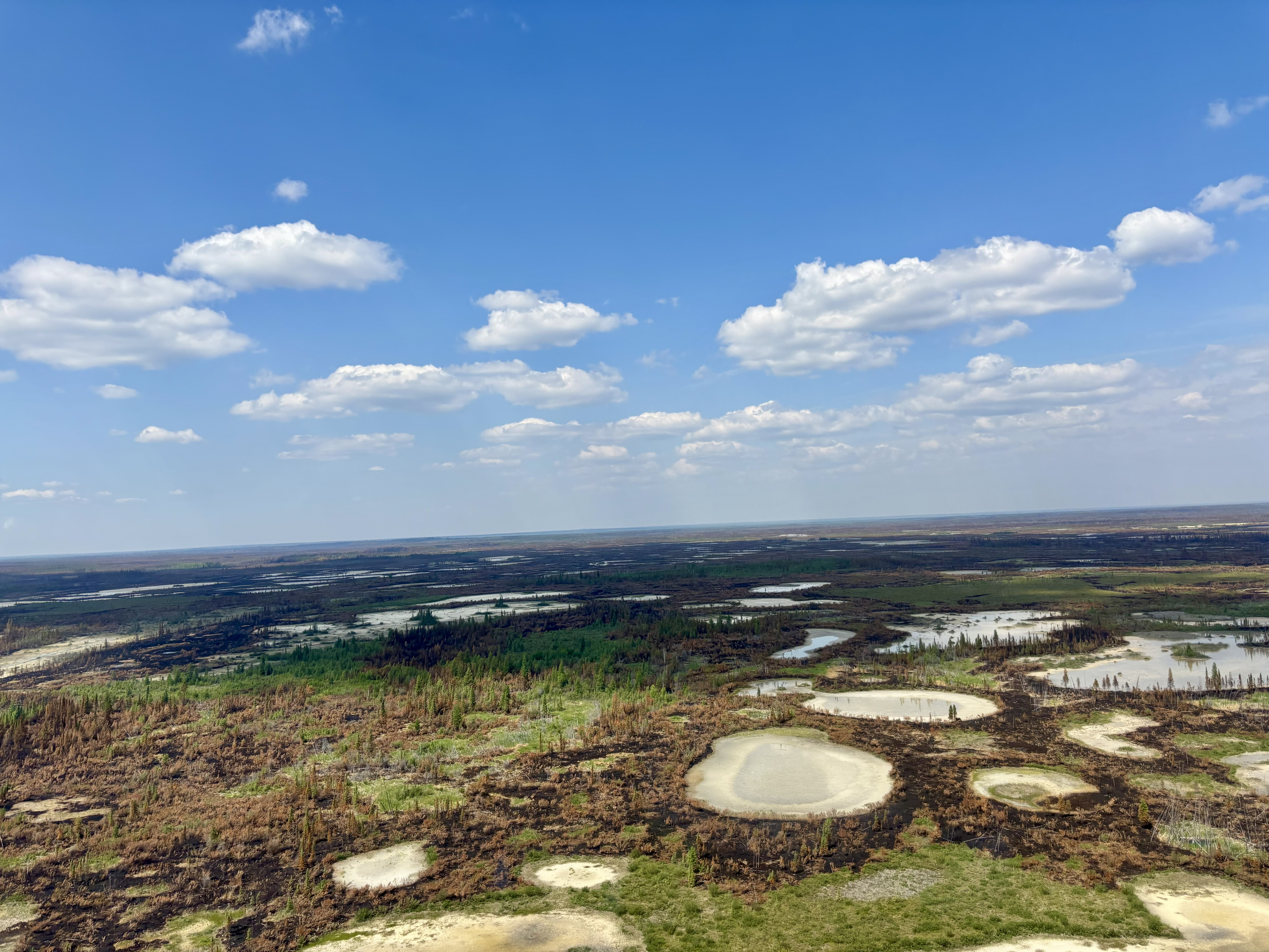 Une vue aérienne montre un paysage de petits plans d’eau éparpillés entourés d’un mélange de végétation verte et de terrain touché par le feu, sous un ciel bleu vif parsemé de nuages blancs.