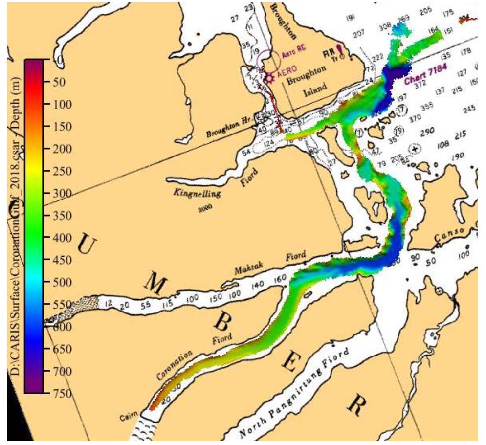 Figure 4. Map of Coronation Fiord and the bathymetry (depth) obtained during the seafloor mapping survey conducted in Leg 2b. 