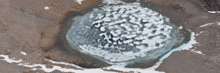 An icy, circular lake.