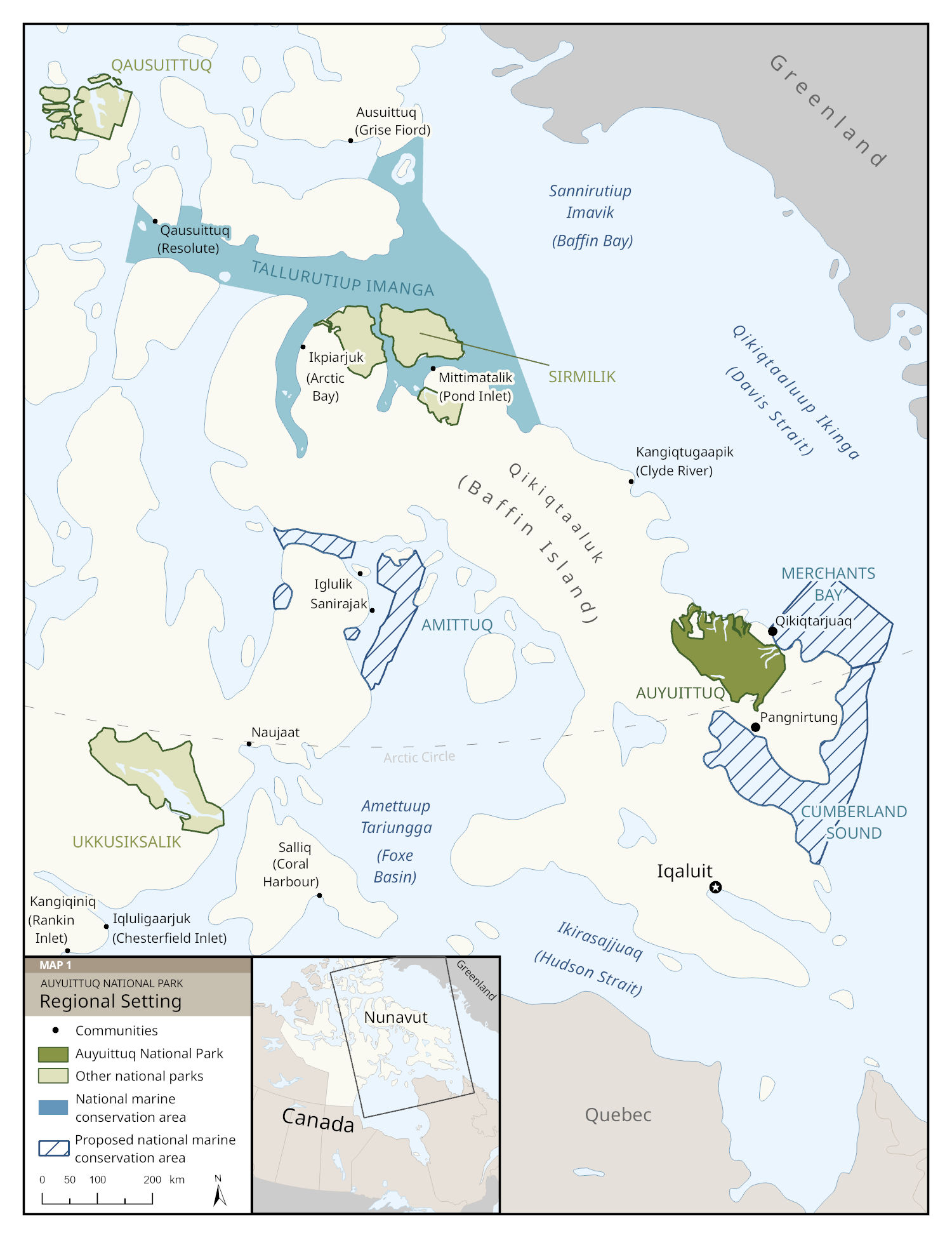 Map 1: Regional setting of Auyuittuq National Park, text description follows. 