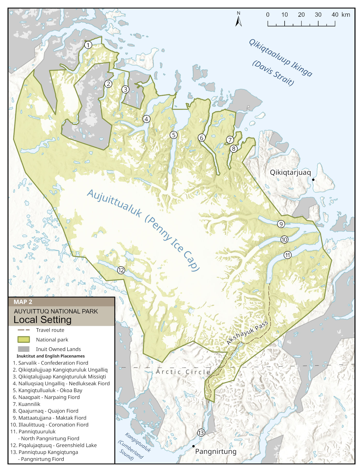 Map 2: Local setting of Auyuittuq National Park, text description follows.