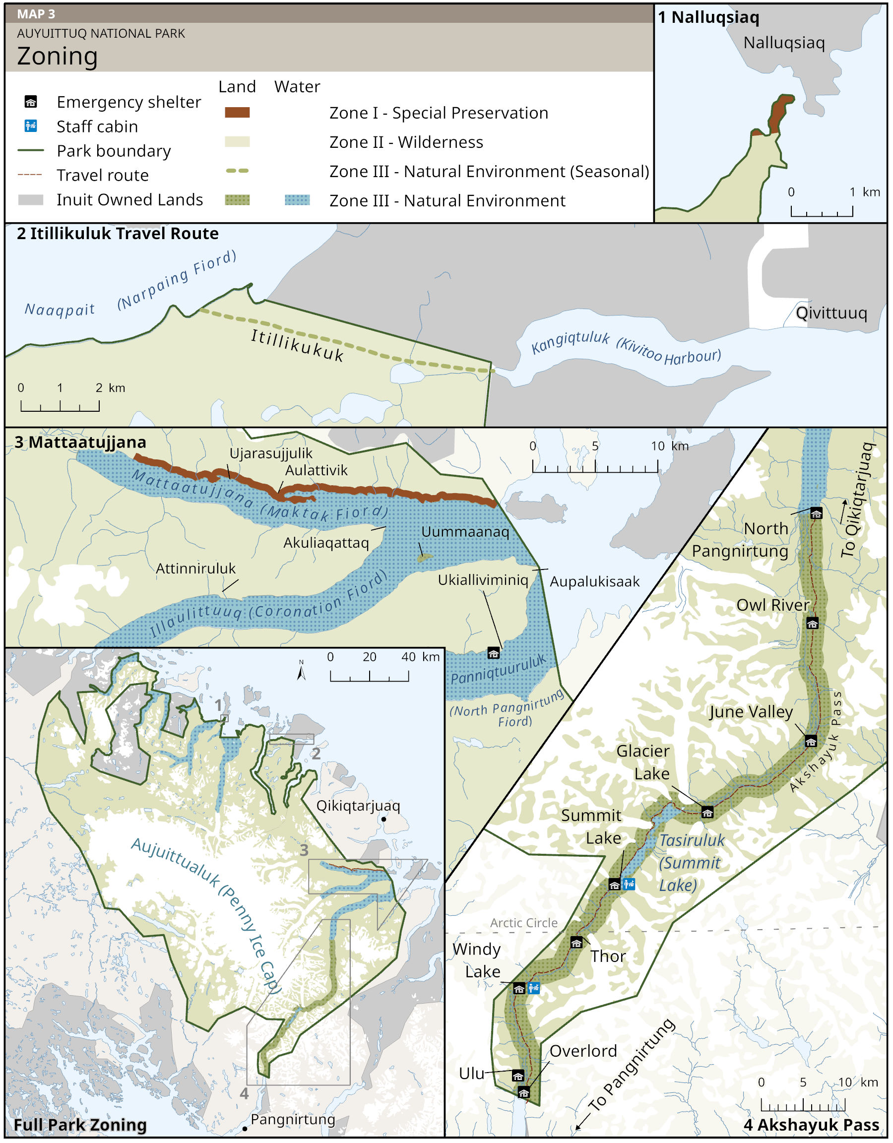 Map 3: Zoning in Auyuittuq National Park, text description follows.