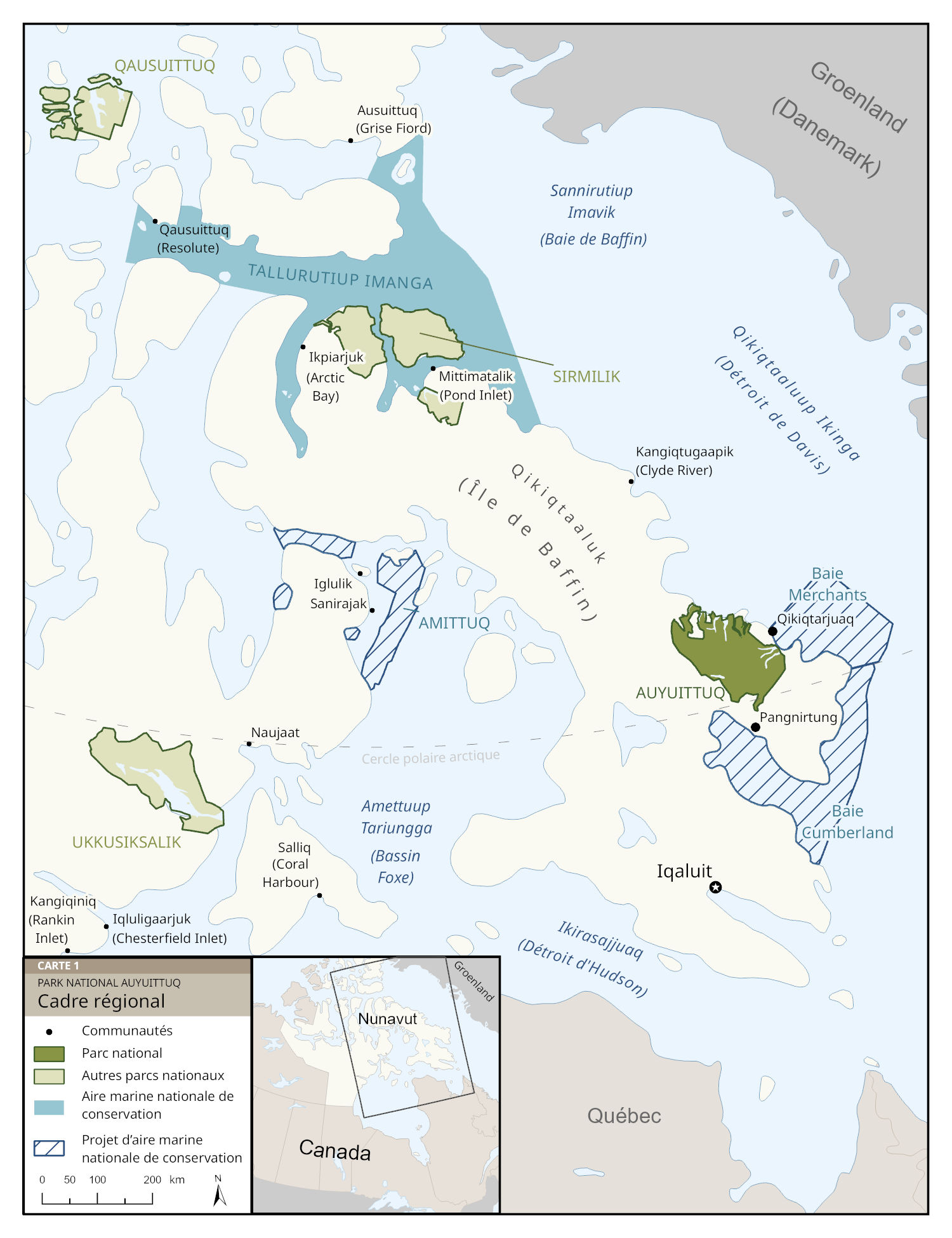 Carte 1 : Cadre régional du parc national Auyuittuq, version textuelle suit. 