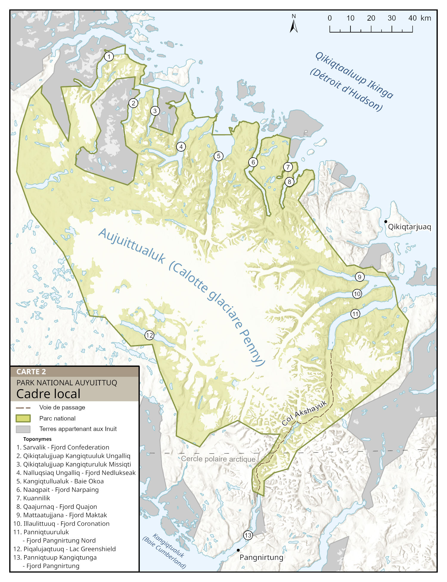Carte 2 : Cadre local du parc national Auyuittuq , version textuelle suit. 