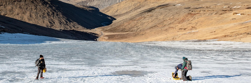 Three people on a glacier.