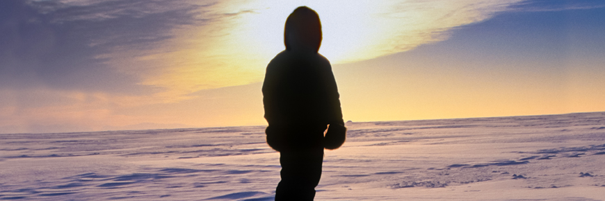 A person in a parka, silhouetted against an Arctic sunset.