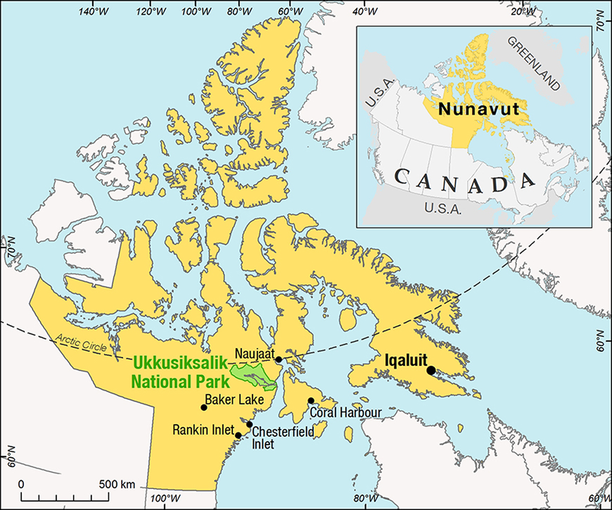 A map showing Ukkusiksalik National Park, located in Nunavut, in proximity to the communities of Naujaat, Baker Lake, Ranking Inlet, Chesterfield Inlet, Coral Harbour and Iqaluit