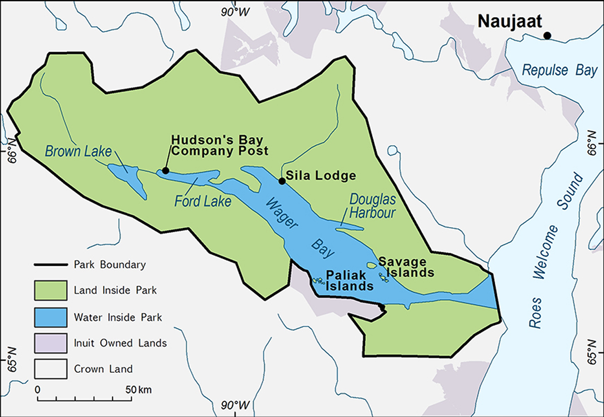 A map showing the park boundaries of Ukkusiksalik National Park. The map details the land and water inside the park and the crown and Inuit owned lands outside of the park.