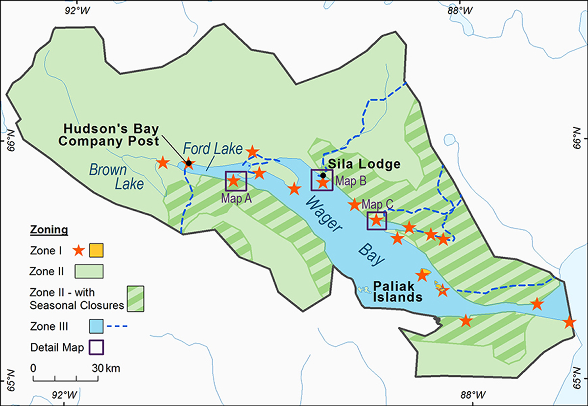 A map of Ukkusiksalik National Park, detailing zone types I, II and III within the park boundaries.