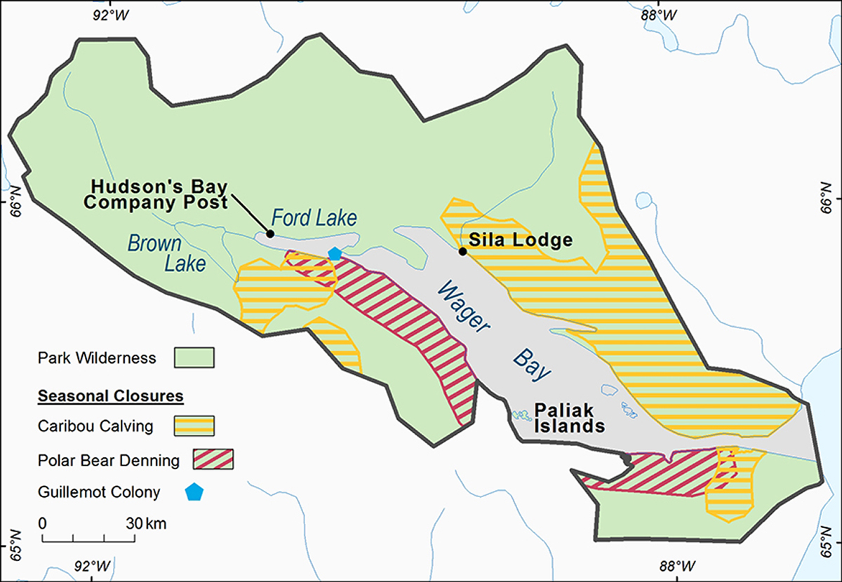 A map of Ukkusiksalik National Park, detailing wilderness areas and seasonal closure areas. The seasonal closure areas are listed as caribou calving, polar bear denning and guillemot colony areas.