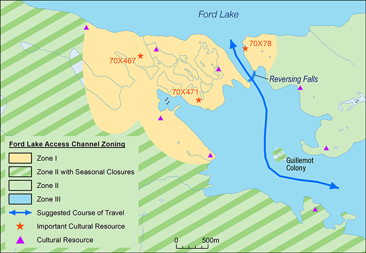 A map of Ukkusiksalik National Park, detailing the Ford Lake access channel. A suggested course of travel is drawn in a blue line. The locations of nearby cultural resources are identified by orange stars and purple triangles.
