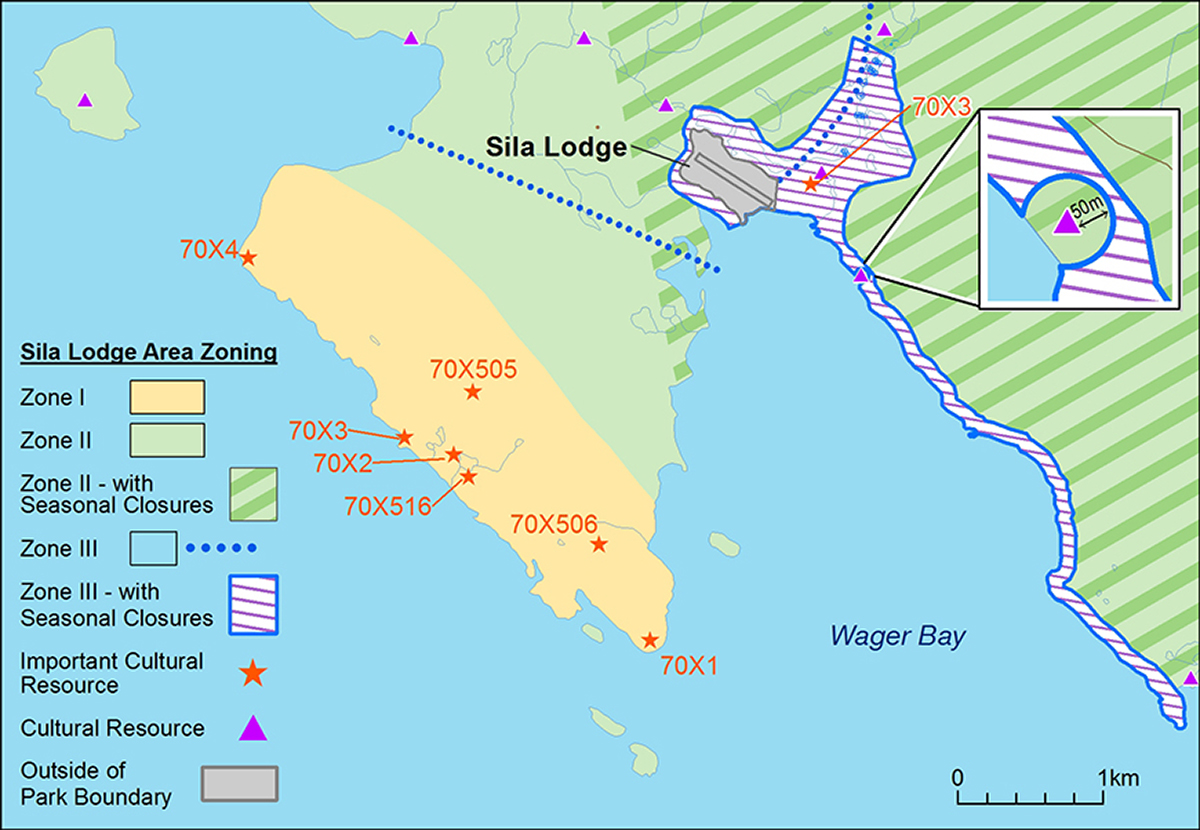 A map of Ukkusiksalik National Park, detailing the Sila Lodge zone III buffer. Zones I, II and III are represented on the map. The locations of nearby cultural resources are identified by orange stars and purple triangles.