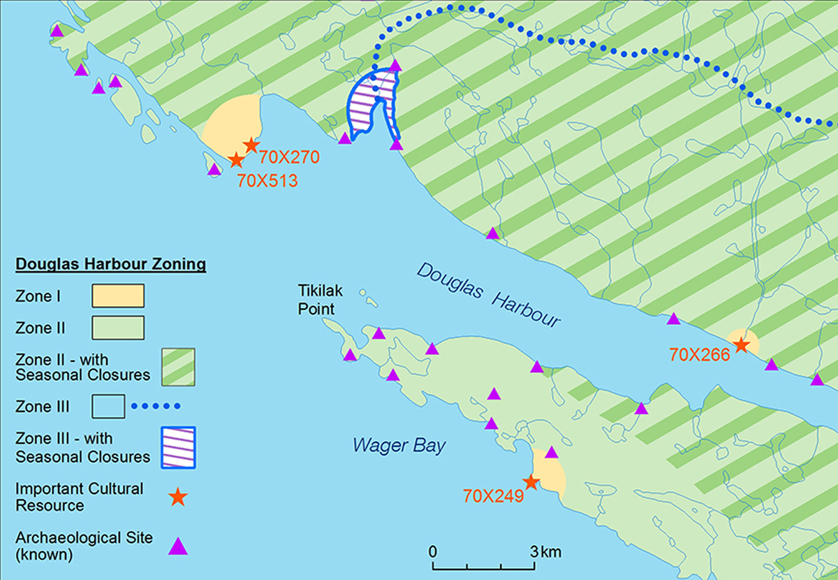 A map of Ukkusiksalik National Park, detailing the Douglas Harbour zoning. Zones I, II and III are represented on the map. The locations of nearby cultural resources are identified by orange stars and purple triangles.
