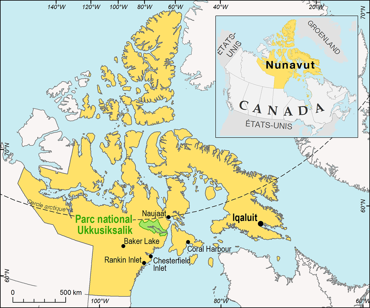 Une carte montrant le parc national Ukkusiksalik, situé au Nunavut, à proximité des communautés de Naujaat, Baker Lake, Ranking Inlet, Chesterfield Inlet, Coral Harbour et Iqaluit