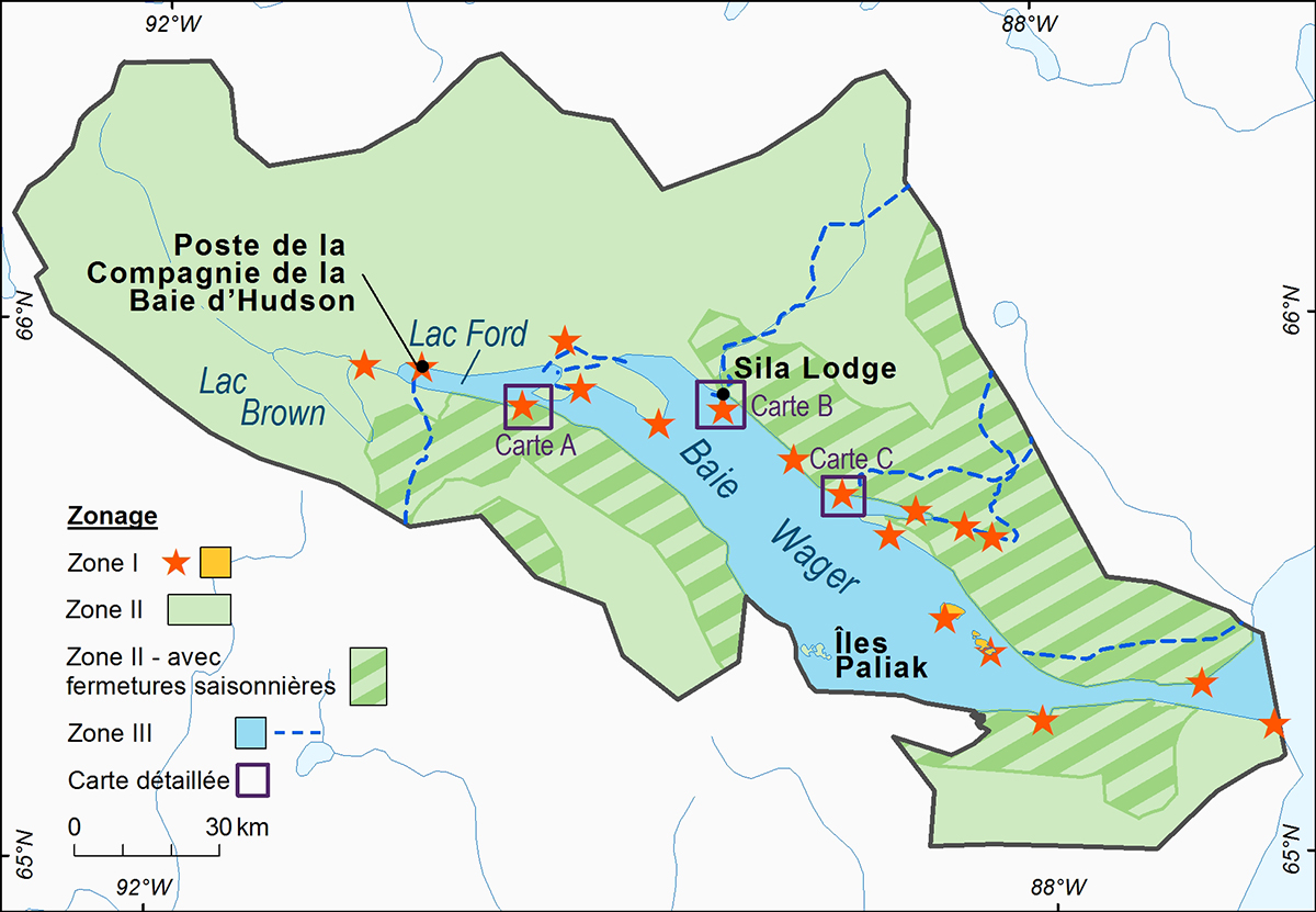 Une carte du parc national Ukkusiksalik détaillant le zonage (zones I, II et III) à l’intérieur des limites du parc