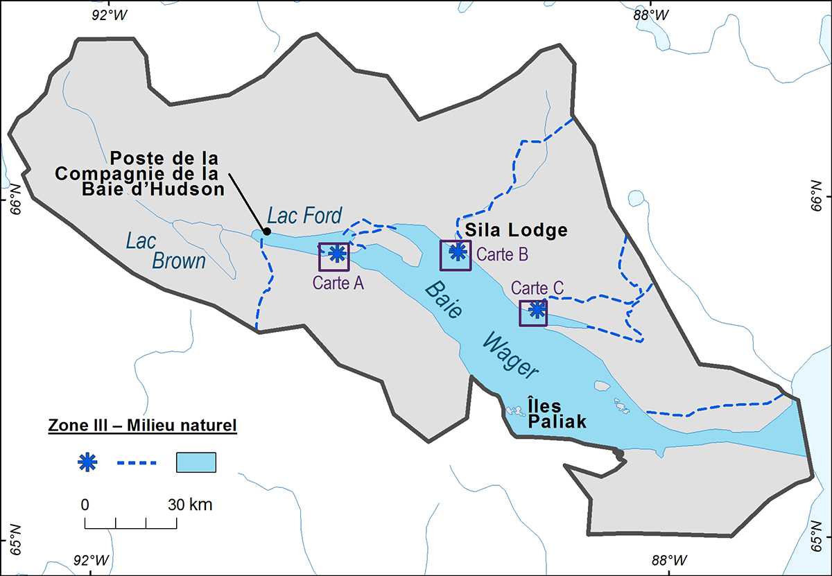 Une carte du parc national Ukkusiksalik identifiant l’emplacement des routes d'accès et les lieux d'atterrissage dans le parc