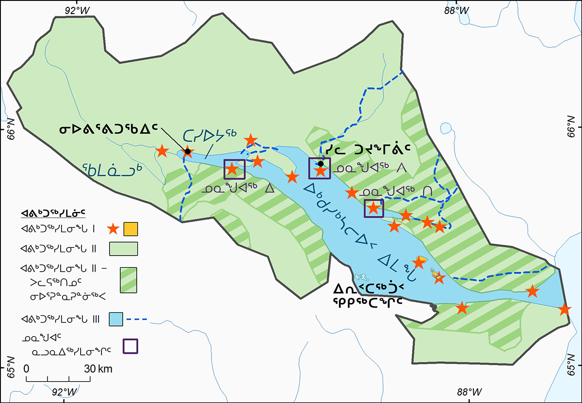 A map of Ukkusiksalik National Park, detailing zone types I, II and III within the park boundaries