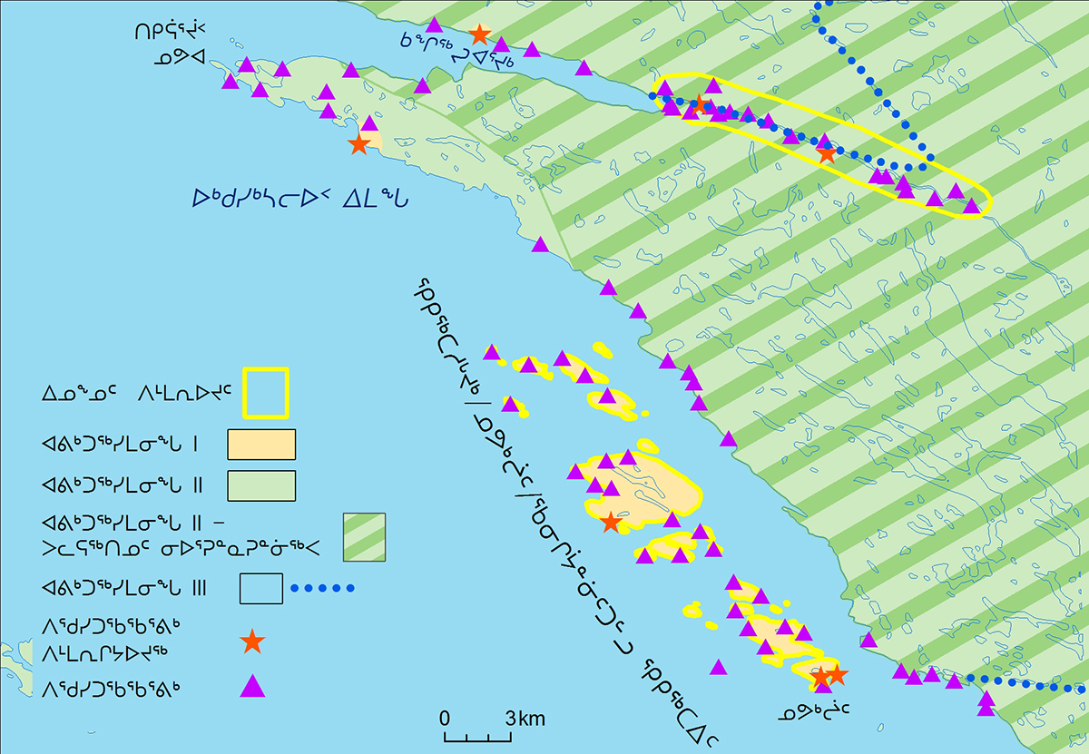 A map of Ukkusiksalik National Park, detailing areas of special importance to Inuit. Zones I, II and III are represented on the map. The locations of nearby cultural resources are identified by orange stars and purple triangles