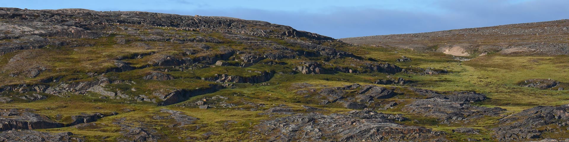 Landscape with rolling hills, rocky outcroppings, and patches of short green vegetation.