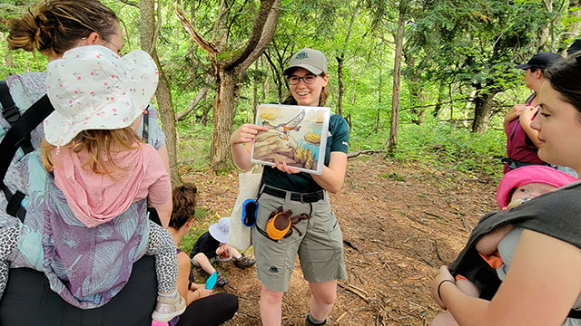 A group of visitors interact with a Parks Canada employee on a hike in the forest.