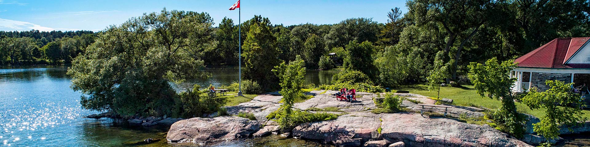 Rocky shoreline with a gazebo. 