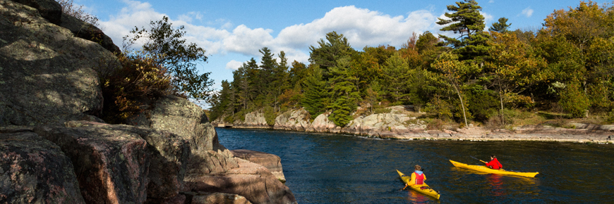 Deux visiteurs font du kayak le long de la côte