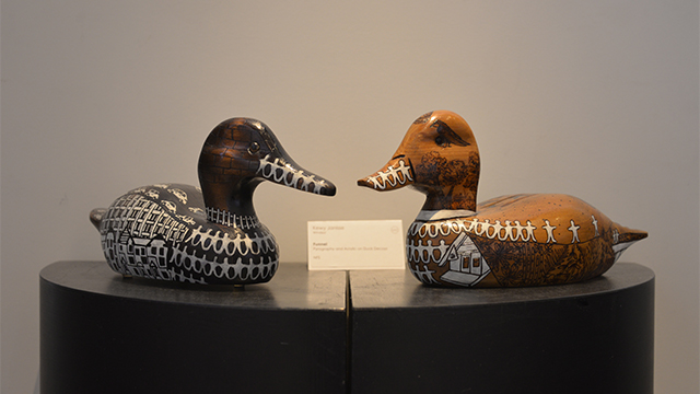 Two sculpture duck decoys from an artist in a previous residency