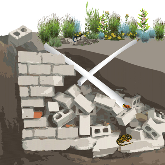 Digital drawing of a hibernacula under the ground showing cinder blocks and piping.