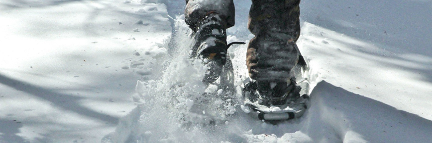 A close up of someone's feet while snowshoeing.