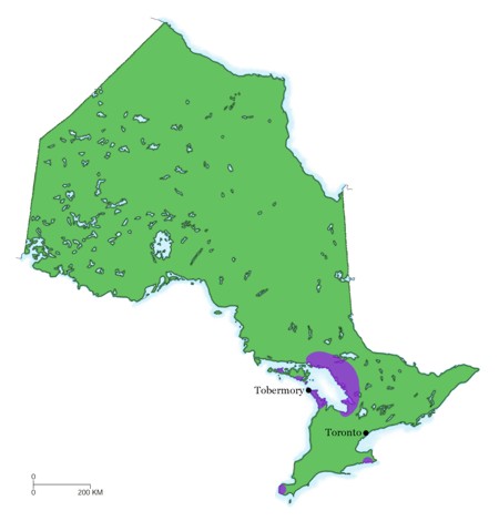 Carte de répartition du massasauga pour l'Ontario
