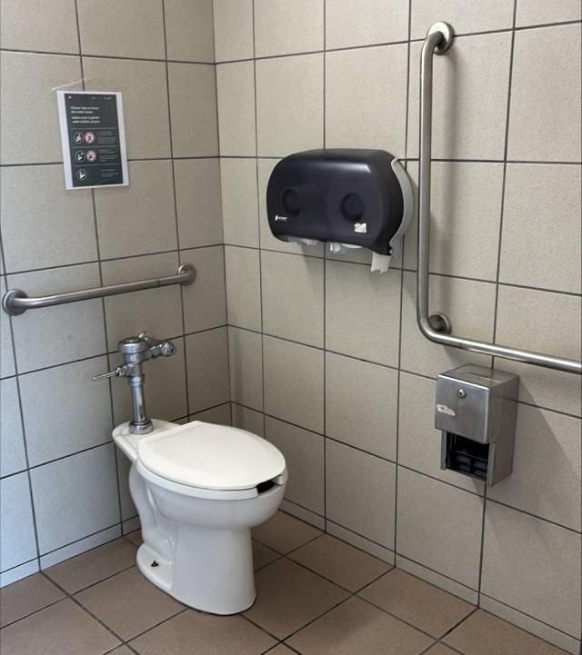 Une salle de toilette accessible équipée d’une cuvette de toilette, de barres d’appui fixées aux murs et d’un distributeur de papier hygiénique.