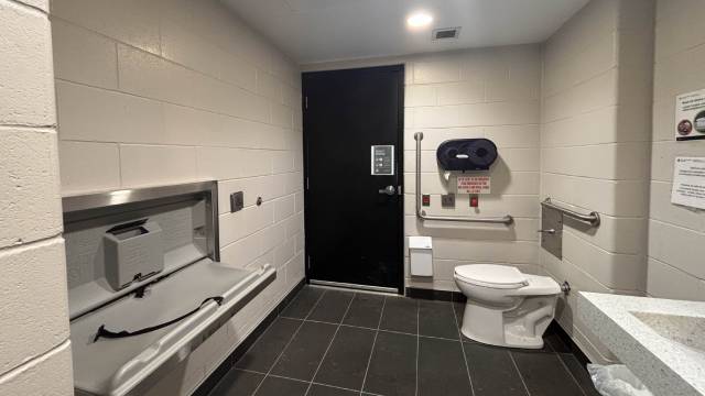 Une salle de toilette accessible équipée d’un lavabo, d’une toilette accessible, de barres d’appui et d’une table à langer rabattable.