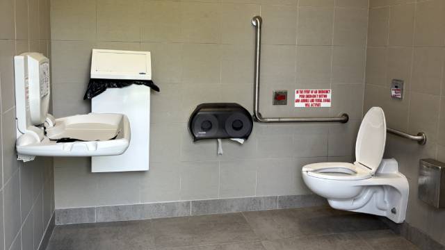 Une salle de toilette accessible équipée d’une table à langer murale, d’une toilette accessible et de barres d’appui.