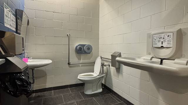 Une salle de toilette accessible équipée d’une toilette accessible, de barres d’appui, d’un lavabo mural et d’une table à langer rabattable.