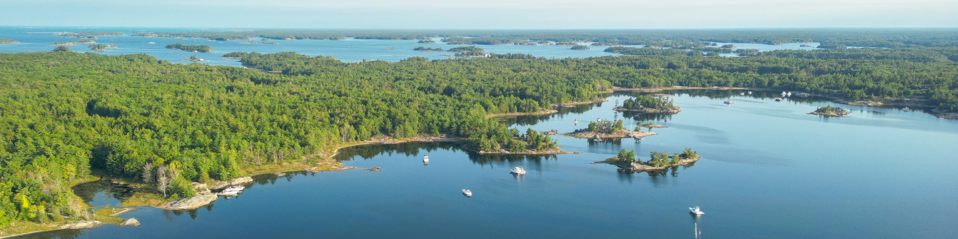 View over the water of boats and islands