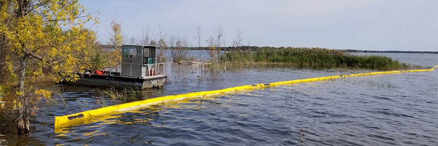 A boat surrounded by tall grass along the shoreline. 