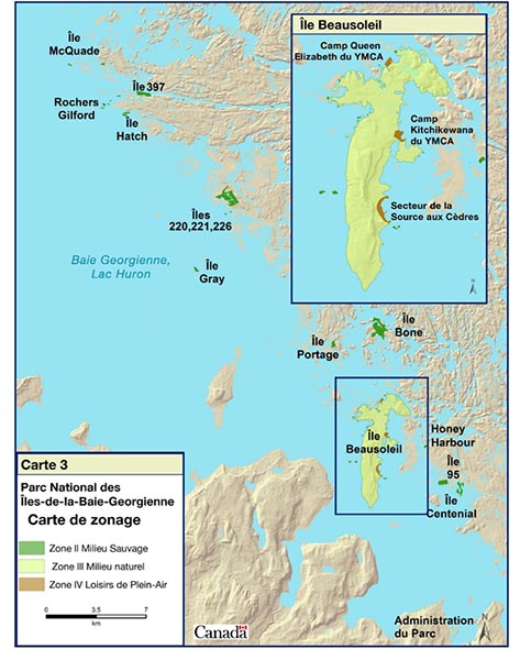 Carte 3 : Zonage du parc national des Îles-de-la-Baie-Georgienne — La version textuelle suit.