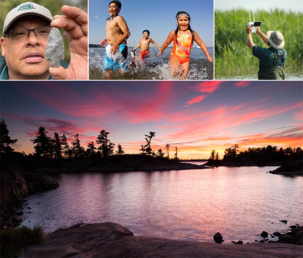 Four images: 1. A Parks Canada employee holding a arrowhead, 2. Three children playing in the water, 3. A Parks Canada employee with monitoring equipment in a wetland, 4. A bay on a lake at sunset.