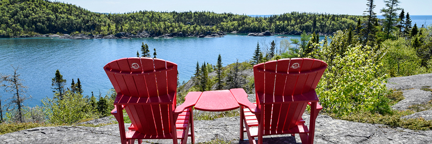 Red chairs on the Southern Headland Trail, Pukaskwa National Park.