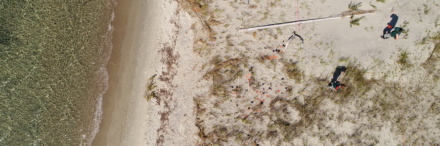 Aerial view of beach with flag tape
