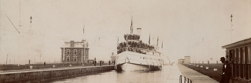 Historic photo of ship on Sault Ste. Marie canal