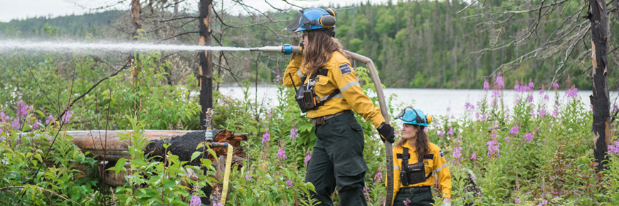 Two people using a fire hose in the forest.