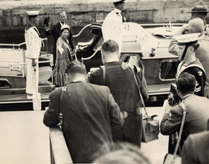 Prince Philip and Queen Elizabeth smiling for photographers at the Sault Canal
