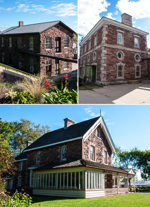 de gauche à droite : Le bâtiment des magasins affichant le mur orienté vers le sud, Centrale électrique au canal de Sault Ste. Marie, La résidence du surintendant