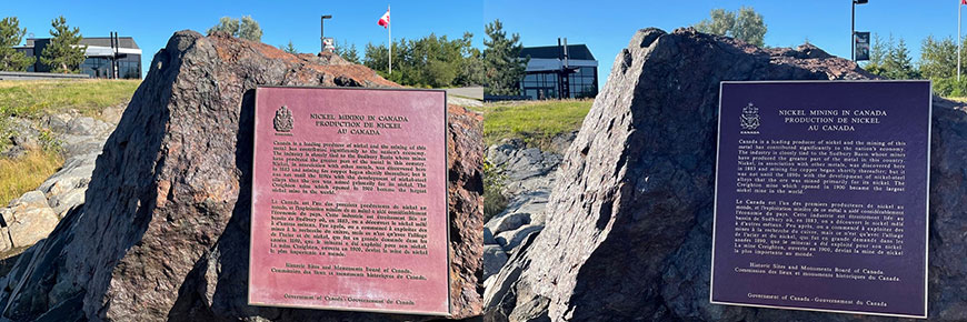 Photo d’une plaque patrimoniale présentant l’exploitation minière du nickel au Canada avant la remise à neuf.