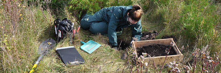 Parks Canada archaeologist digs a test pit to survey the prescribed burn plot at Fort St. Joseph